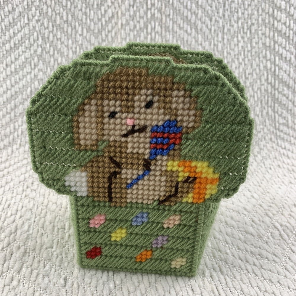 Easter Bunny‎ Vintage Hand Made Finished Plastic Canvas 6.5" x 6" Holder Basket